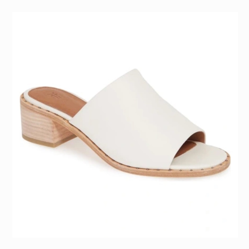 Frye women’s Cindy Heeled Mules White Leather